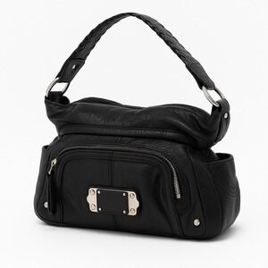 B. Makowsky Black Leather Satchel Hobo Shoulder Bag Y2K Braided Strap